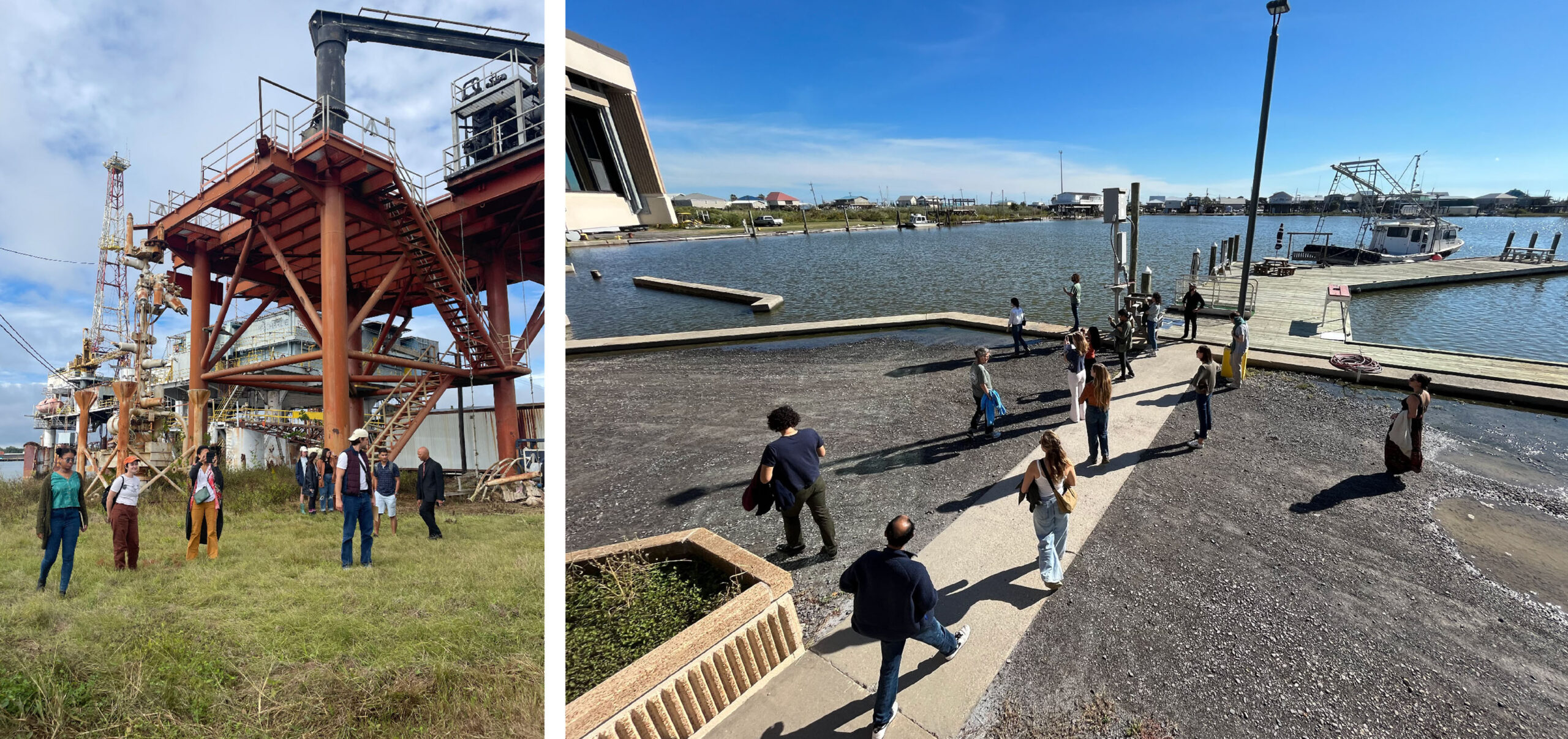 Two photo collage of students visiting an industrial area and a shoreline area.