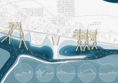 Map of a port area with figures and notes drawn on top of the water and land.